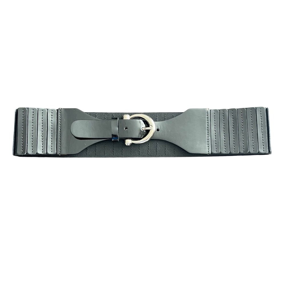 Vintage DONCASTER Patent Leather Black Elastic Wide Corset Belt Silver Buckle